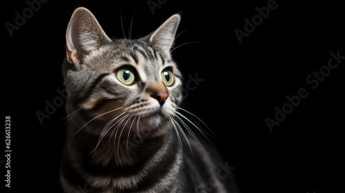 Advertising portrait, banner, classic striped color young cat looks back with green eyes, isolated on black background