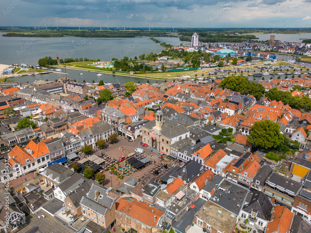 Aerial drone photo of the town sqaure and town hall in Harderwijk