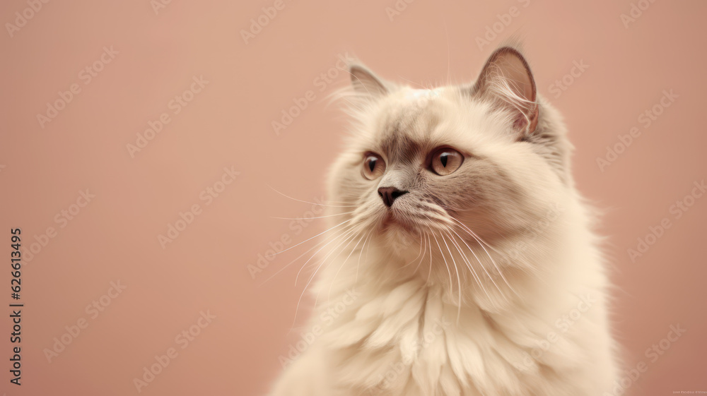 Advertising portrait, banner, cute white wool cat looks straight seriously, isolated on clean beige background