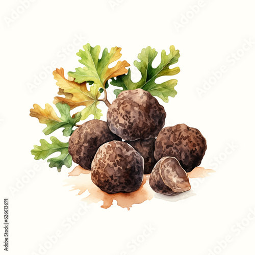 Truffle premium food watercolor ingredient template. Truffles and oak branch on the background.