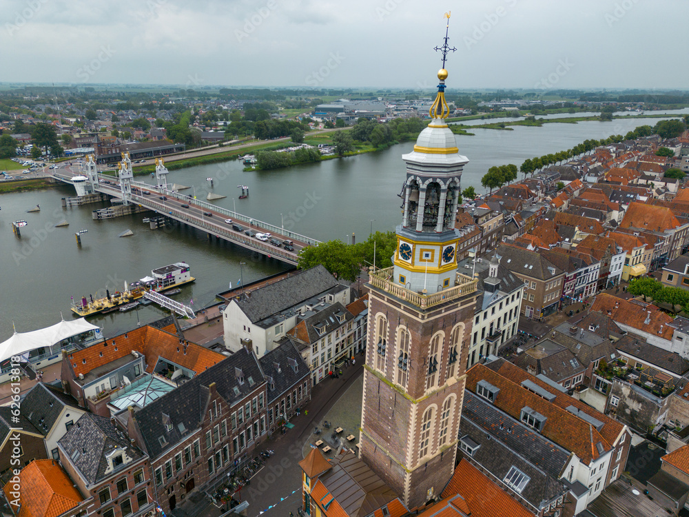 Aerial drone photo of the nieuwe toren in Kampen, the Netherlands - obrazy, fototapety, plakaty 