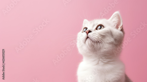 Advertising portrait, banner, young kitty white color, looks up, isolated on pinkbackground