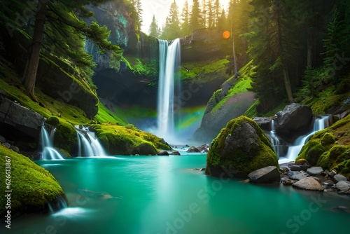 waterfall in the forest with blue lake