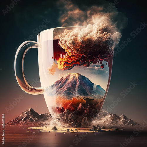 ai generated Illustration explosive volcano in a glass cup photo