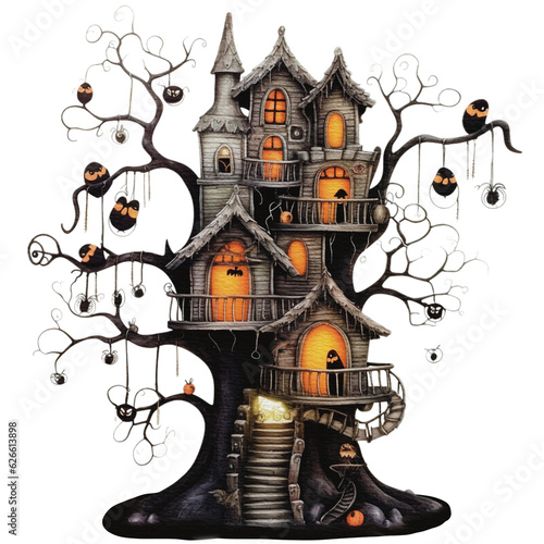 Halloween haunted house Spooky Night watercolor style isolated on white background, Halloween dark house pumpkins watercolor png illustration © VeloonaP