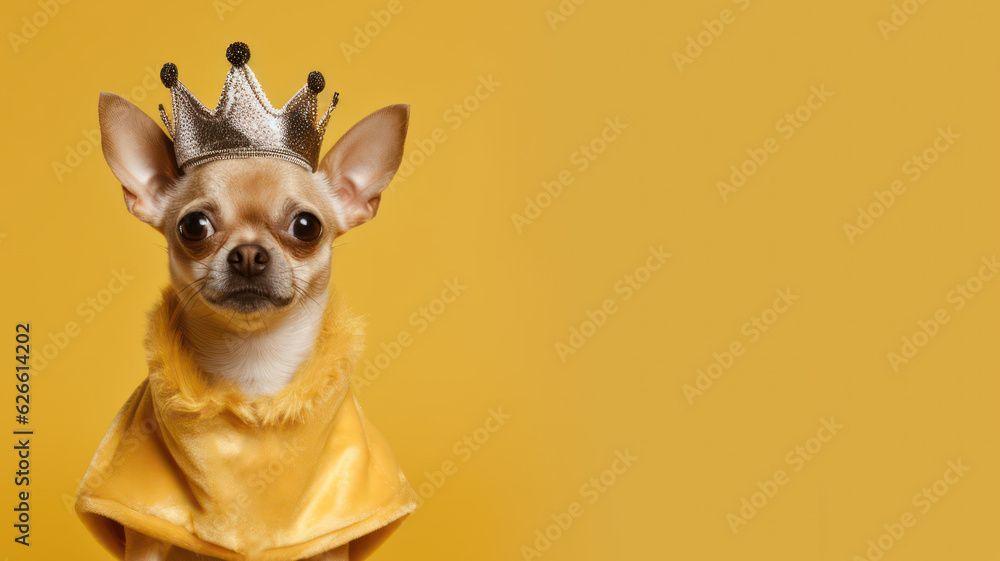 Advertising portrait, banner, serious looking chihuahua dog dressed in a queen outfit, isolated on yellow background