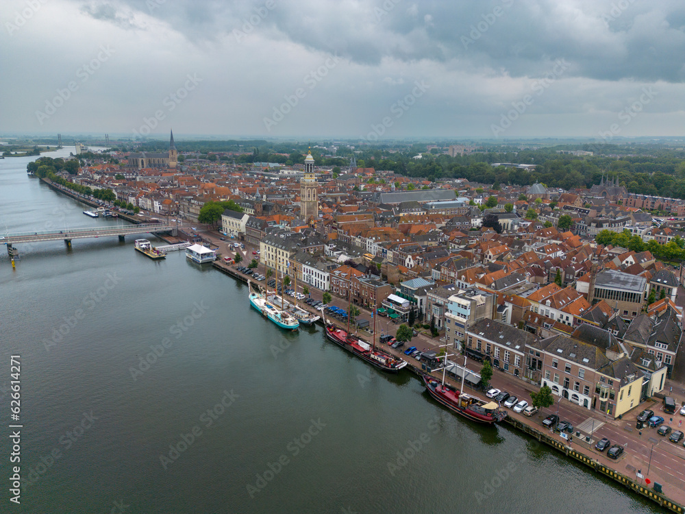 Aerial drone photo of the city Kampen and the river Ijssel in Overijssel