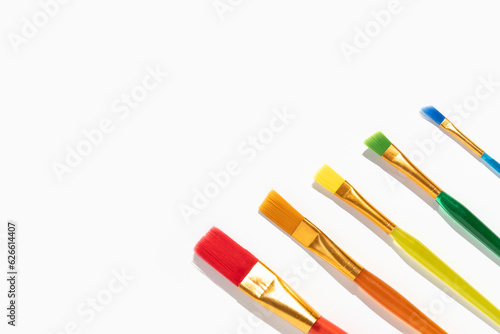 Paint brushes, empty space for text on a white background. Top view, flat lay