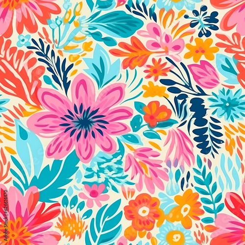 risograph print style colorful bright seamless floral pattern