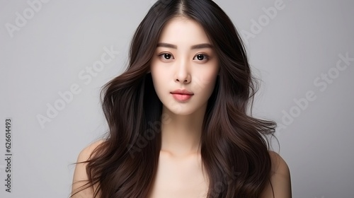 Close-up portrait of a young beautiful Asian girl looking at the camera with natural Korean makeup, perfect clean skin, chic long curly dark hair. Gray background with copy space. Beauty skin care