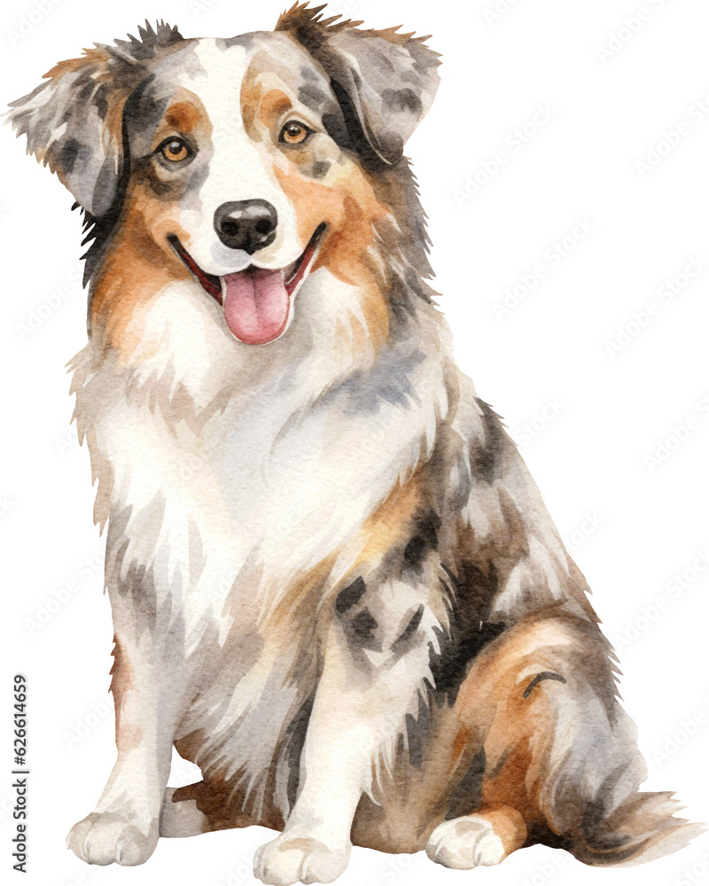 Australian shepherd dog watercolour illustration created with Generative AI technology Australian shepherd dog watercolour illustration created with Generative AI technology