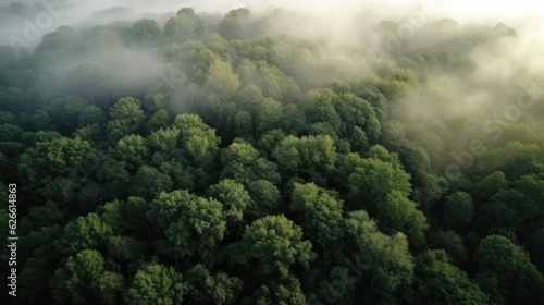 Aerial view of green forest with fog in the morning. Top view © Barosanu