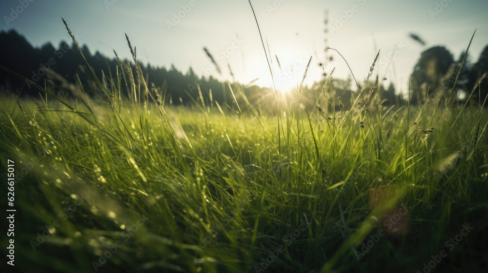 Green meadow with grass and sun in the background. Nature background