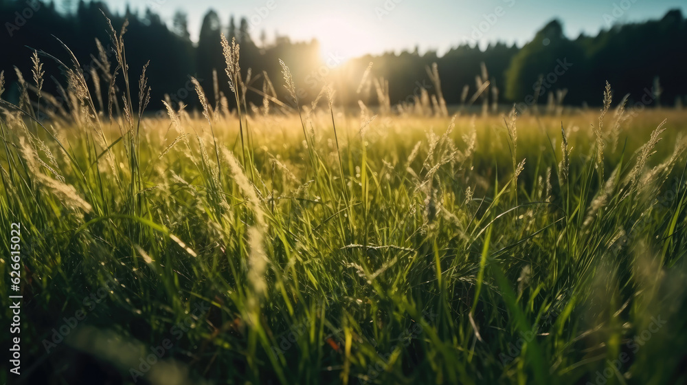 Sunset in the summer meadow. Green grass with dew drops.