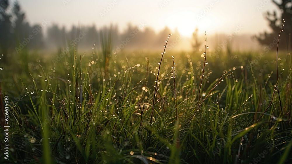 Morning dew on the grass in the meadow. Nature background