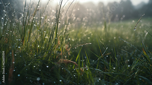 Morning dew on the grass in the meadow. Shallow depth of field.