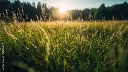 Sunset in the summer meadow. Green grass with dew drops.