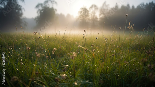 Morning dew on the grass in the meadow in the rays of the rising sun