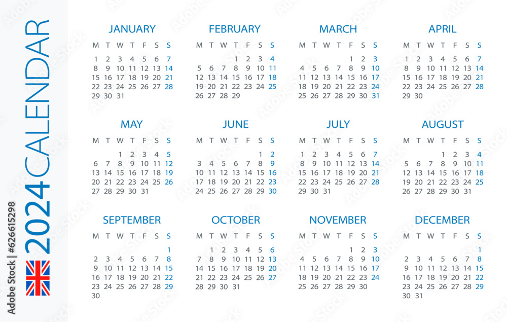 Calendar 2024 Horizontal - illustration. British version. Week starts on Monday