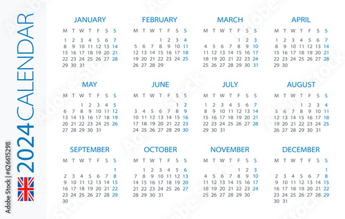 Calendar 2024 Horizontal - illustration. British version. Week starts on Monday
