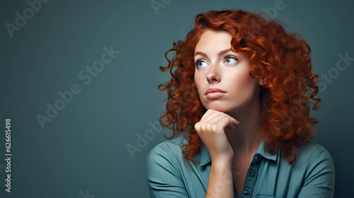 Headshot portrait of thoughtful pensive young ginger woman with curly hair holding hand under chin looking upward against turquoise studio wall background with copy space for text advertisement 