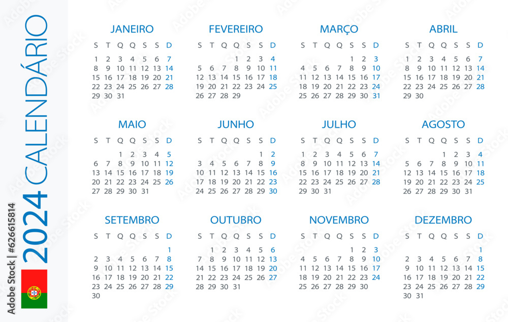 Calendar 2024 Horizontal - illustration. Portuguese version Calendar 2024 Horizontal - illustration. Portuguese version
