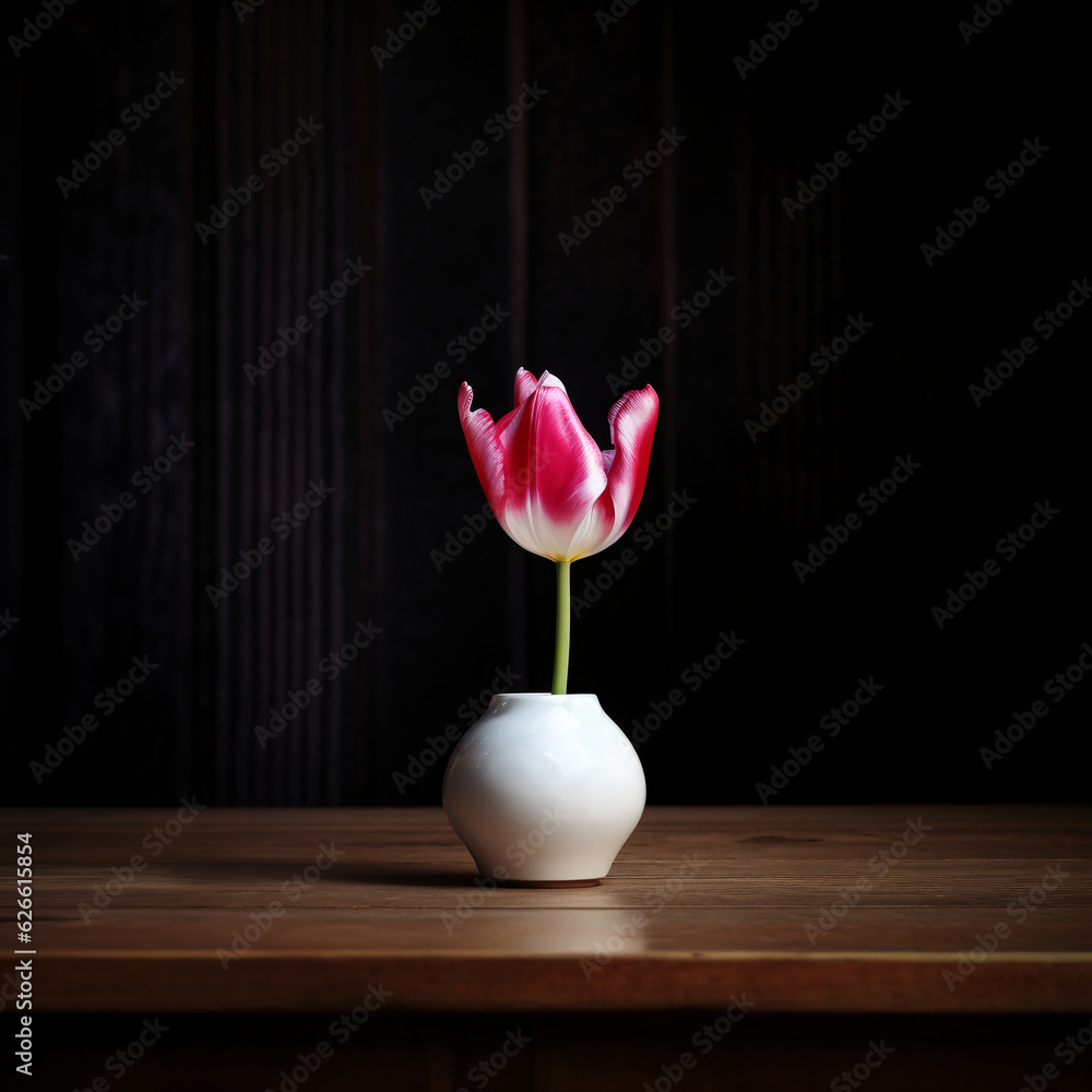 Photo realistic image of a red and white tulip in a little porcelain vase on a dark wooden surface with cinematic lighting, image with moody and elegant feel. AI Generated. Photo realistic image of a red and white tulip in a little porcelain vase on a dark wooden surface with cinematic lighting, image with moody and elegant feel. AI Generated.