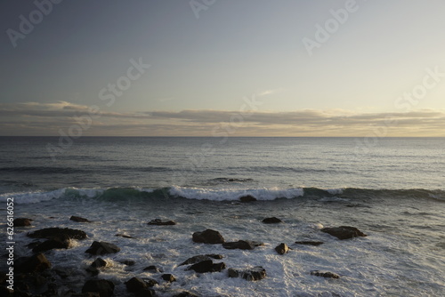 Ocean .Waves wind and clouds. Landscapes of Madeira. Surf. Horizon. blue sky and clouds