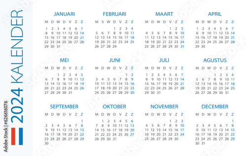 Calendar 2024 Horizontal - illustration. Dutch version