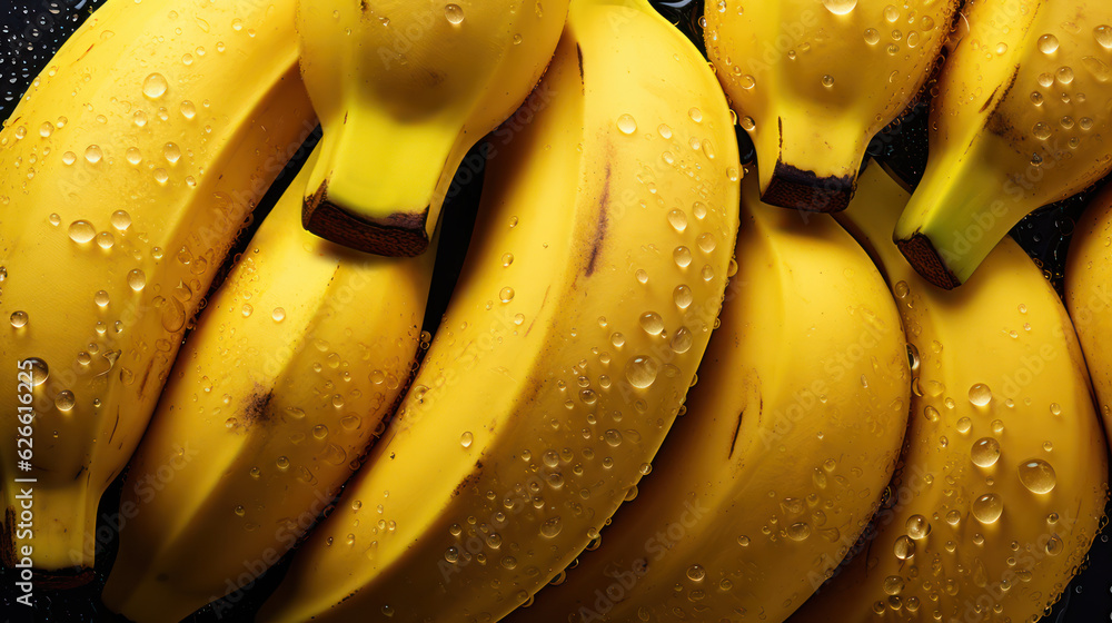 Bunch of ripe freshness yellow bananas with water drops on dark background