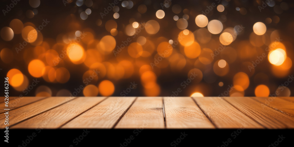 Empty wooden table with bokeh background, night view, blurred bokeh lights background, generative ai Empty wooden table with bokeh background, night view, blurred bokeh lights background, generative ai