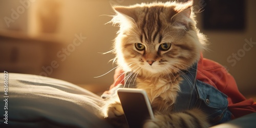 Modern cat playing holding smartphone sitting on a sofa at home, Funny animals, generative ai photo