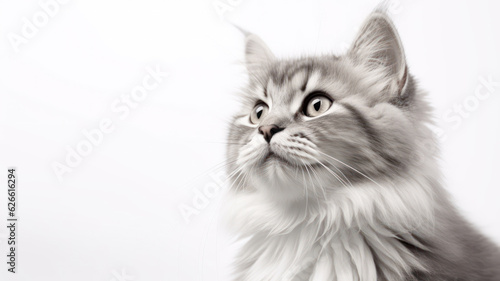 Advertising portrait, banner, adult gorgeous gray cat looks to the left, isolated on white neutral background