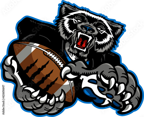 mean wolverine mascot holding football for school, college or league sports