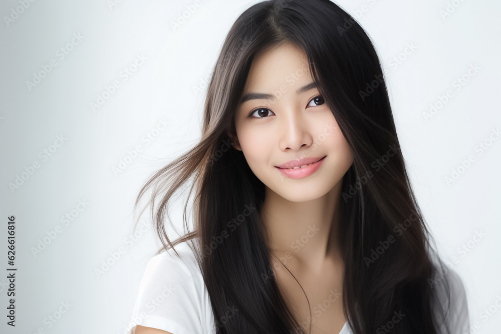 Cheerful Asian teen with long hair, white T-shirt, in front of a plain white studio, softly lit. Suitable for diverse projects. generative AI. Cheerful Asian teen with long hair, white T-shirt, in front of a plain white studio, softly lit. Suitable for diverse projects. generative AI.