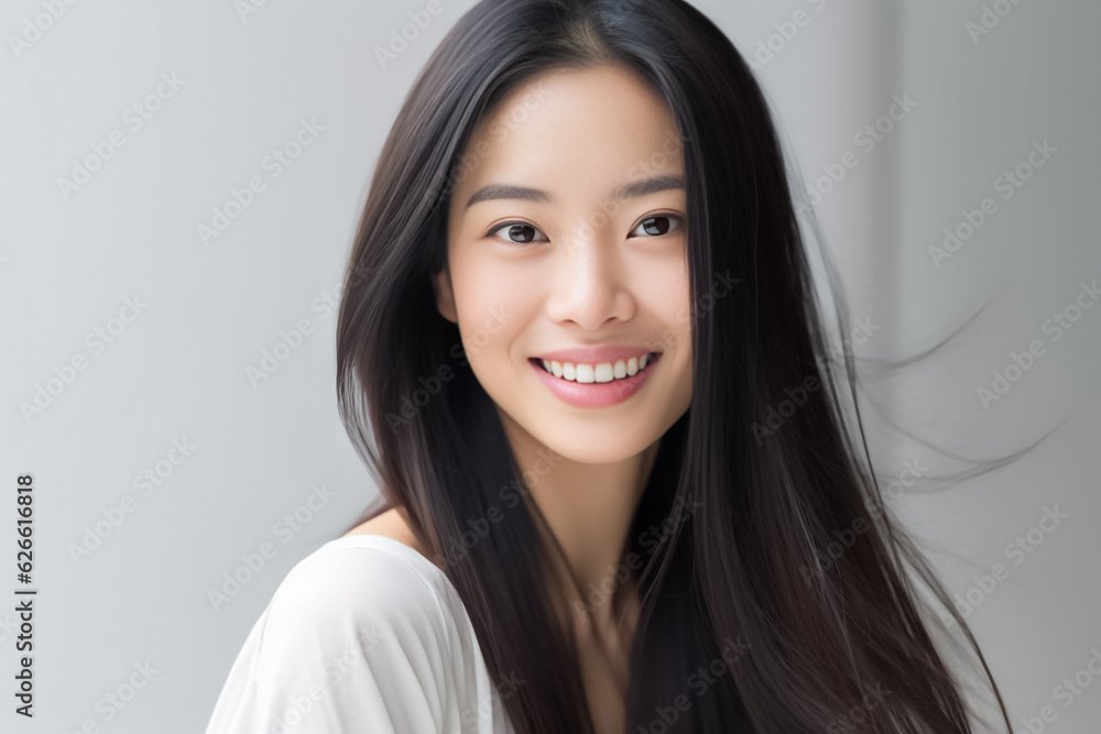 Cheerful Asian teen with long hair, white T-shirt, in front of a plain white studio, softly lit. Suitable for diverse projects. generative AI. Cheerful Asian teen with long hair, white T-shirt, in front of a plain white studio, softly lit. Suitable for diverse projects. generative AI.
