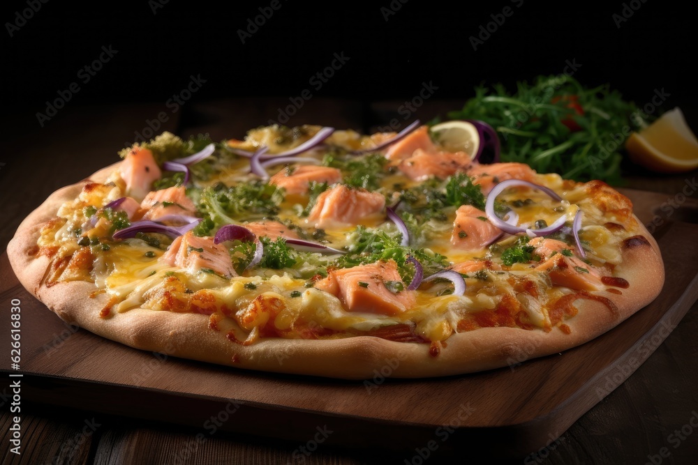 seafood pizza with salami, tomatoes, onions, cheese, coriander leaves, fish, jhinga, and fresh prawns