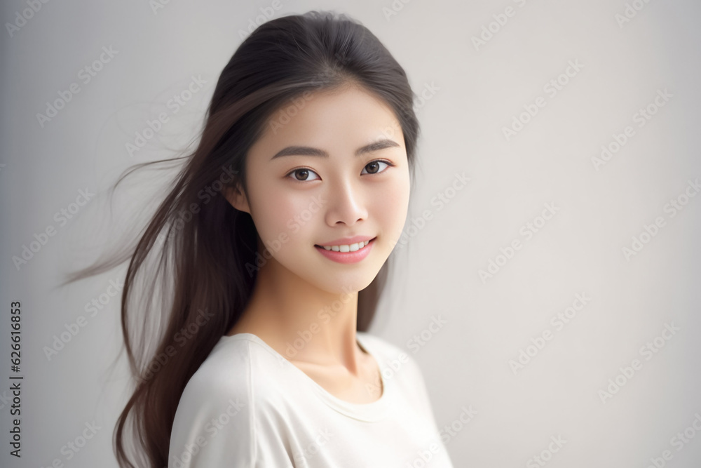 Cheerful Asian teen with long hair, white T-shirt, in front of a plain white studio, softly lit. Suitable for diverse projects. generative AI. Cheerful Asian teen with long hair, white T-shirt, in front of a plain white studio, softly lit. Suitable for diverse projects. generative AI.