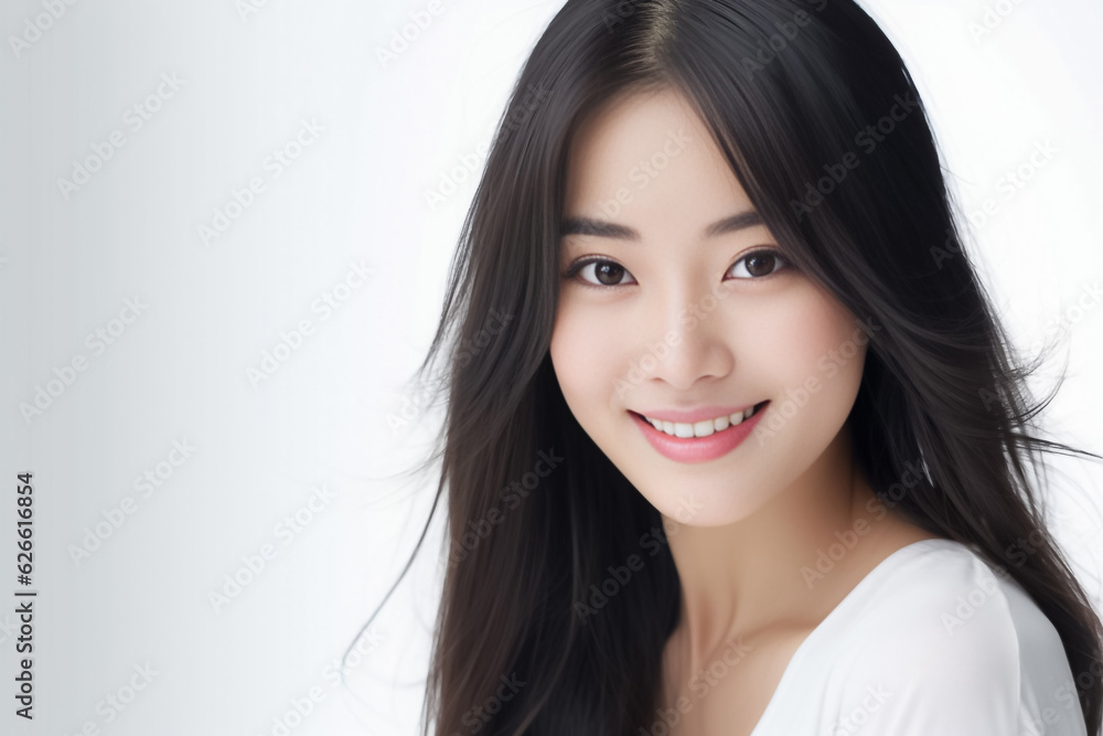 Cheerful Asian teen with long hair, white T-shirt, in front of a plain white studio, softly lit. Suitable for diverse projects. generative AI. Cheerful Asian teen with long hair, white T-shirt, in front of a plain white studio, softly lit. Suitable for diverse projects. generative AI.