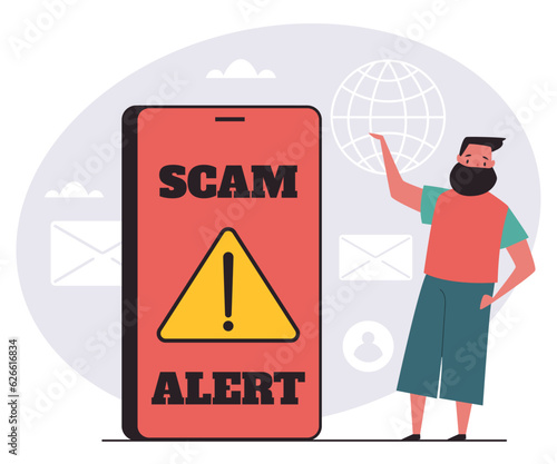 Scam alert phone fraud warning alarm abstract concept. Vector graphic design illustration
