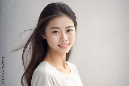 Cheerful Asian teen with long hair  white T-shirt  in front of a plain white studio  softly lit. Suitable for diverse projects. generative AI.