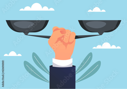 Scale justice hand hold balance judge abstract concept. Vector graphic design illustration