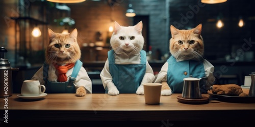 Portrait three cats dressed as a barista serving coffee, generative ai