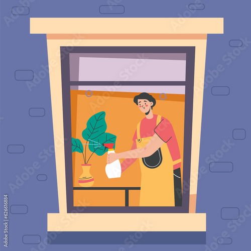 Happy people care flower watering house plant concept. Vector graphic design illustration