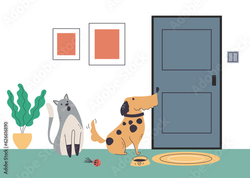 Pets cat dog waiting owners near door concept. Vector graphic design illustration