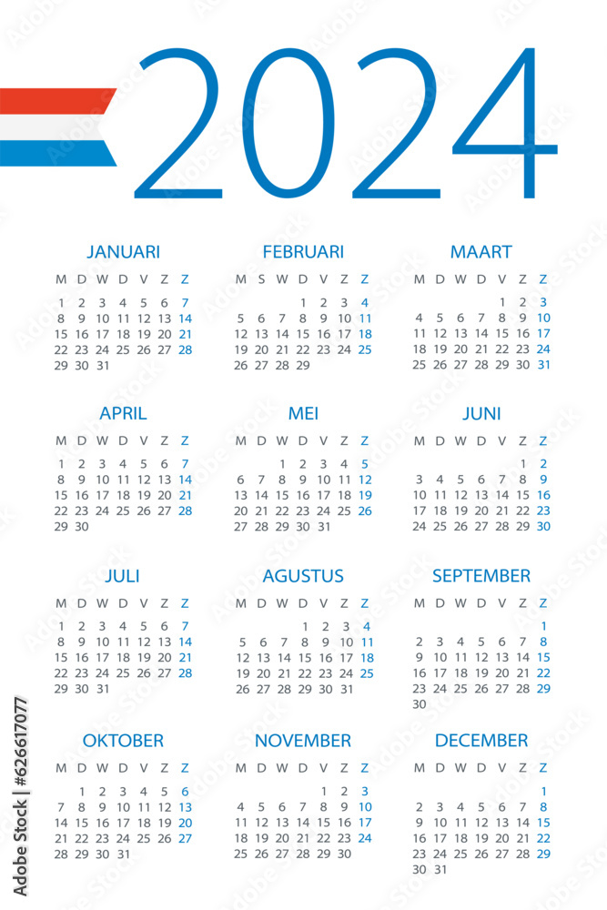 Calendar 2024 - illustration. Dutch version. Week starts on Monday