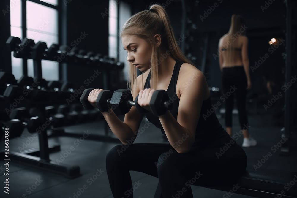 Blonde woman in a gym lifting weights. ia generate Blonde woman in a gym lifting weights. ia generate