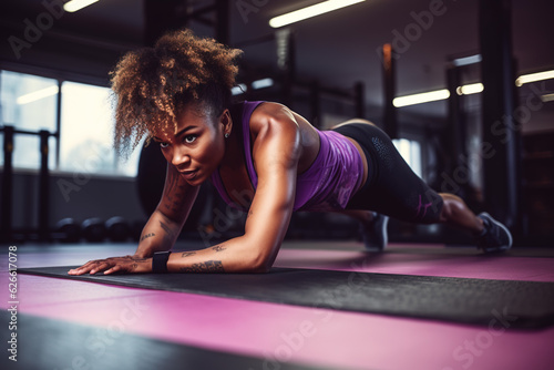 African American woman in a gym exercising. Push ups, healthy life. ia generate