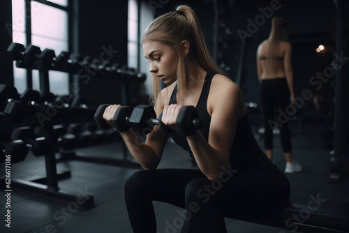 Blonde woman in a gym lifting weights. ia generate