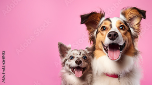 Advertising portrait, banner, funny mother and puppy australian shepherd dogs with open mouths, straight look to the camera, isolated on pink background